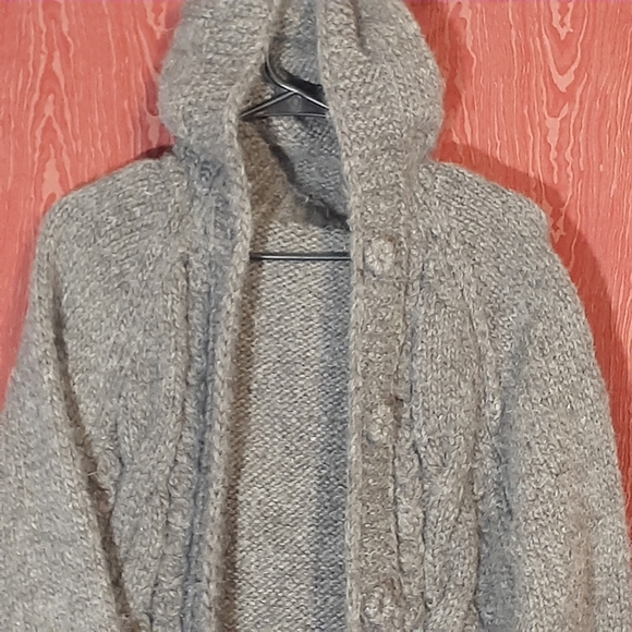 PURE 100% WOOL/KARPAS KNITTED HOODED BUTTON DOWN SWEATER CARDIGAN GRAY WOMEN'S - Picture 5 of 14
